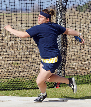 Meaghan Foster (shown throwing the discus) became William Penn's second national qualifier with a shot put of 43-5.25